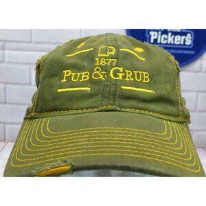 Pub & Grub 1877 Distressed Olive Green Baseball Cap With Yellow Stitching Adjust
